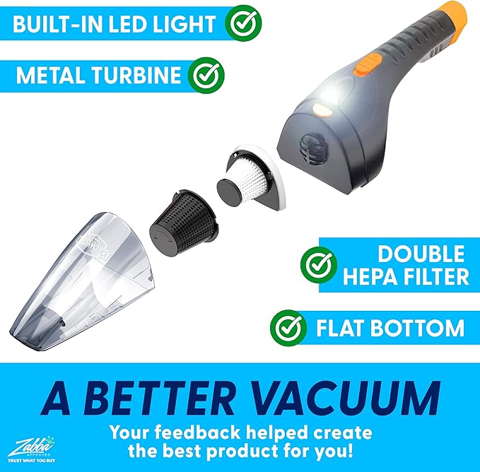 ThisWorx Car Vacuum Cleaner 2.0, Portable Handheld Mini Vacuums Cleaner W/ 16ft Cord, LED Light, Bag, & Attachments- Small Va