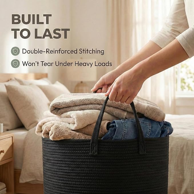 JMvicyroam 65L Extra Large Blanket Basket for Living Room - Woven Cotton Rope Laundry Hamper with Reinforced Handles - Storag