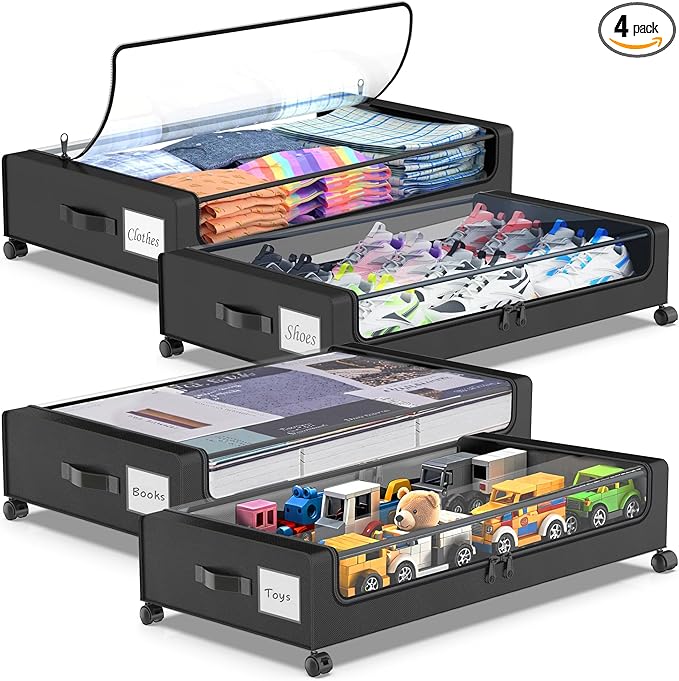 Beborxue Under Bed Storage with Wheels, 4-Pack UnderBed Storage Containers with Clear Lids, XXL 60L Under the Bed Storage Org