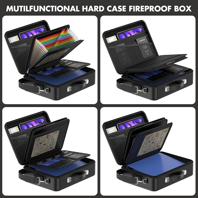 Fireproof Document Box with Lock＆Shoulder Strap, Hard-Shell Case File Organizer with Accordion File Folder, Multi-Layer Porta