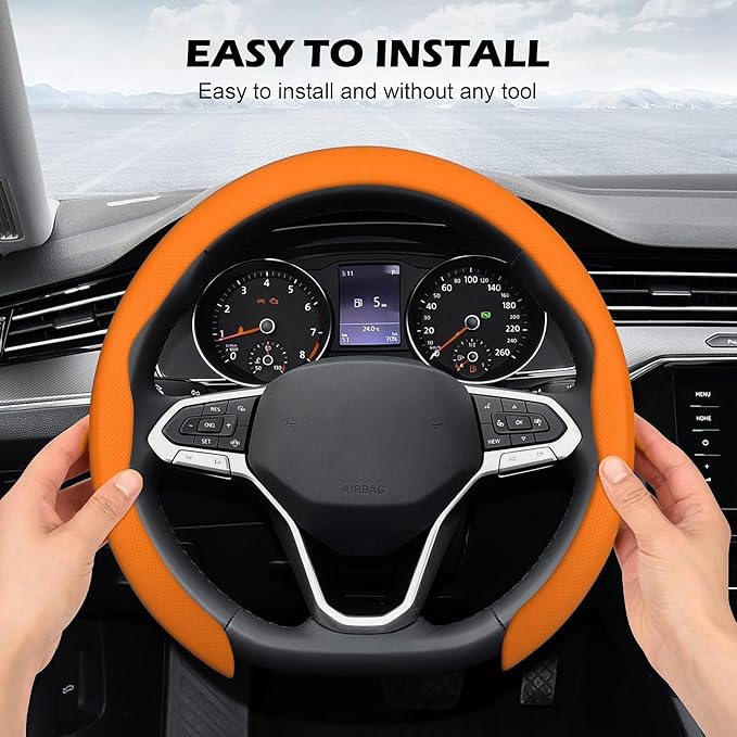 Frani Nappa Leather Steering Wheel Cover,Universal Fit 15 Inch-Premium Non-Slip Breathable Comfort Grip for Cars Trucks SUVs,Anti-Slip Durable Interior Upgrade Orange