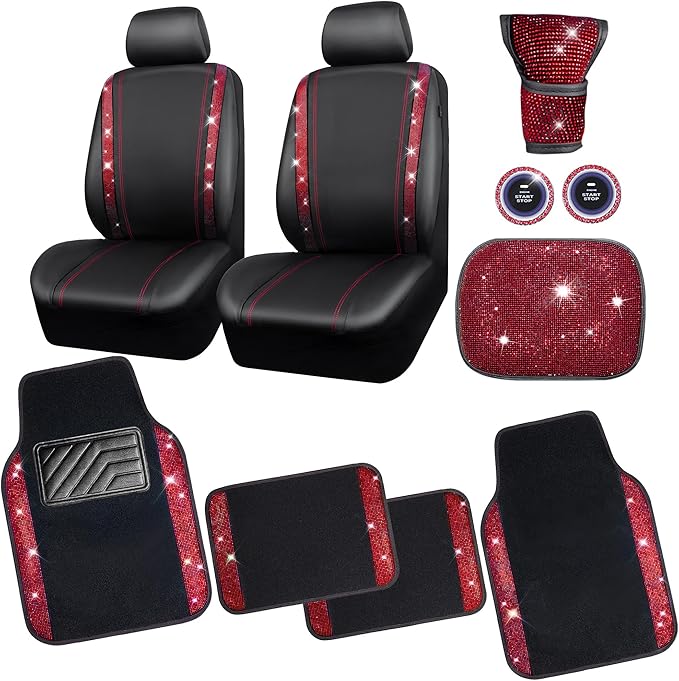 CAR PASS Rhinestone Red Bling Diamond Car Seat Covers Leather Black & Shining Car Floor mats Carpet with Anti-Slip Nibs& Blin