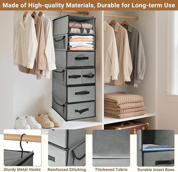 Durable 6-Tier hanging closet organizer with 5 Drawers & 3 Side Pocket,Thickened Fabric Hanging Shelves Holder with Sturdy Ho