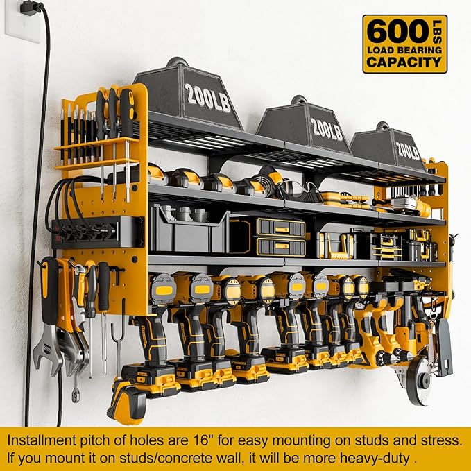 12 Cordless Drill Holder Large Power Tool Organizer Wall Mount with Side Pegboard & Screwdriver Holder, 4-Tier Heavy Duty Met