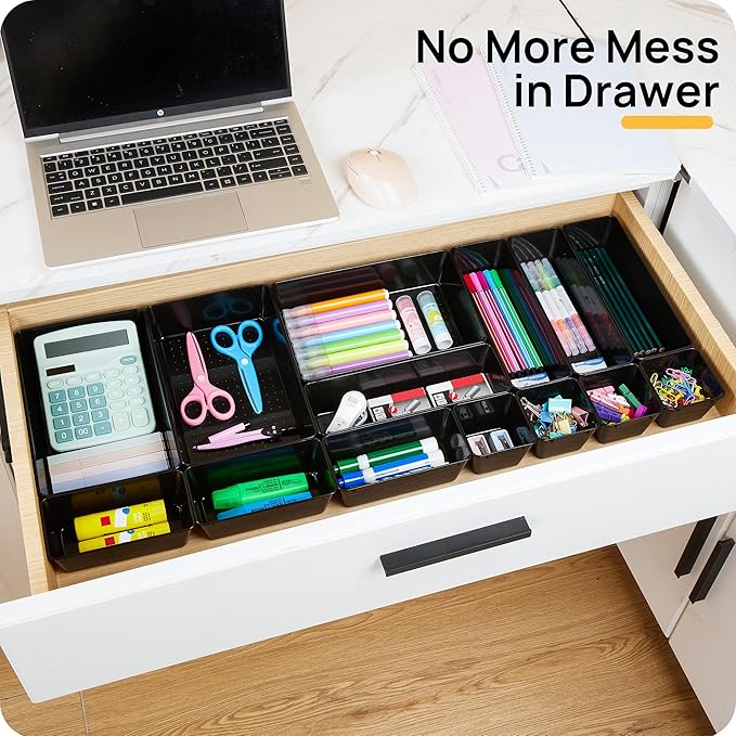 Vtopmart 25 PCS Office Desk Drawer Organizers Set, 4-Size Versatile Plastic Drawer Organizer Trays, Storage Bins for Desk Acc