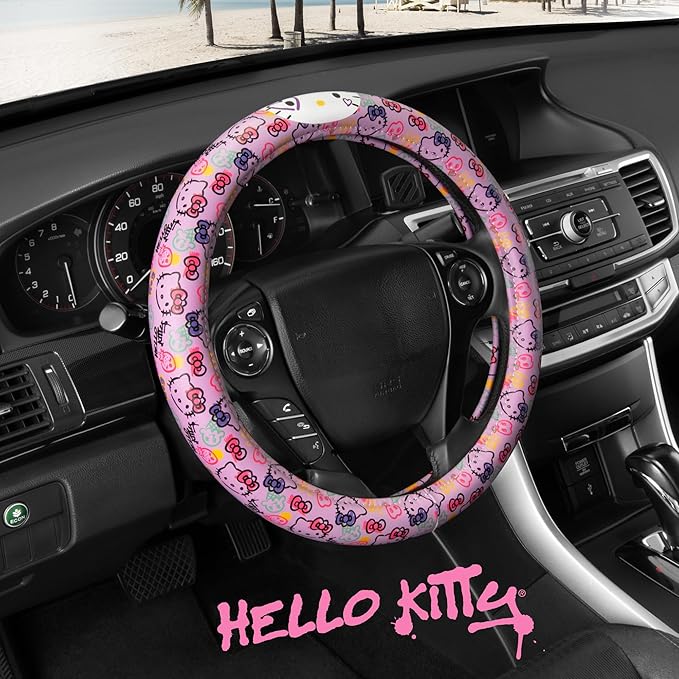 Hello Kitty Steering Wheel Cover, Official Sanrio Car Steering Wheel Cover with Universal Size 14.5-15.5, Cute Steering Wheel Cover for Women, Hello Kitty Car Accessories (Lavender Print)