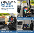 Car Backseat Organizer with Detachable Steering Wheel Tray, 11-Pockets Storage & Tablet Holder, Kids Kick Mats Protector - Travel Accessories (1-Pack)