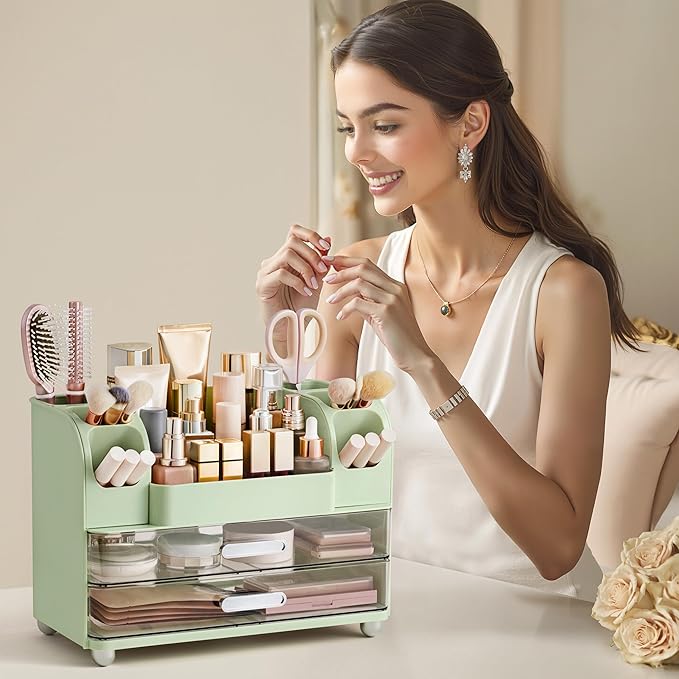 HBlife Makeup Organizer for Vanity with Brush Holder, Large Bathroom Countertop Cosmetic Organizer Skin Care Storage, Easy to