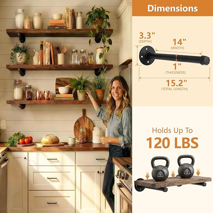 IAE Floating Pipe Shelves Bracket ,Wall Mounted Pipe Shelf for 6-14 in Depth Wood,Heavy-Duty 3/4" Iron， Pipe Shelving Bracket