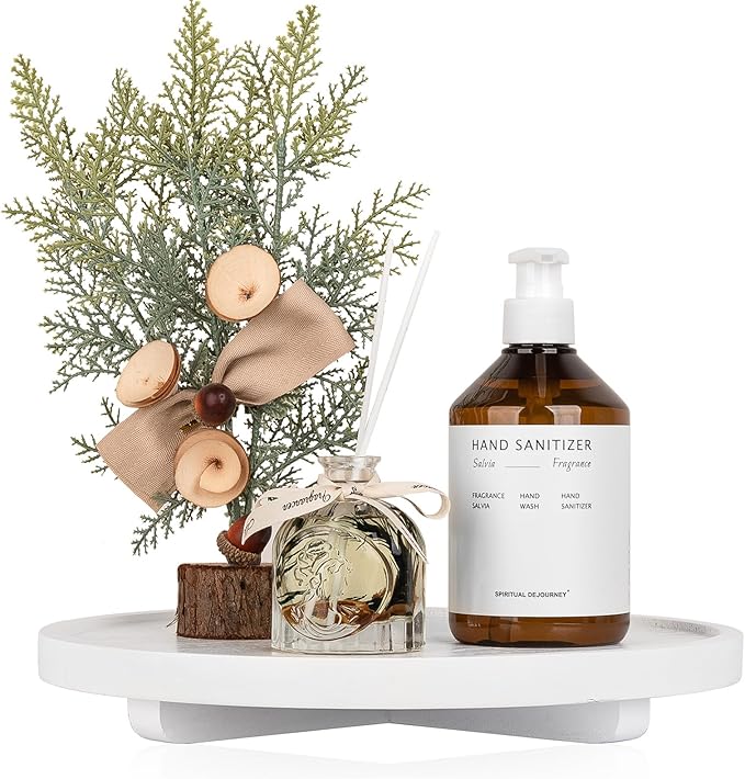 Round Decorative Tray Wood Bathroom Counter Organizer Farmhouse Kitchen Decor Wooden Riser for Soap Dish, Perfume, Candle, Sp