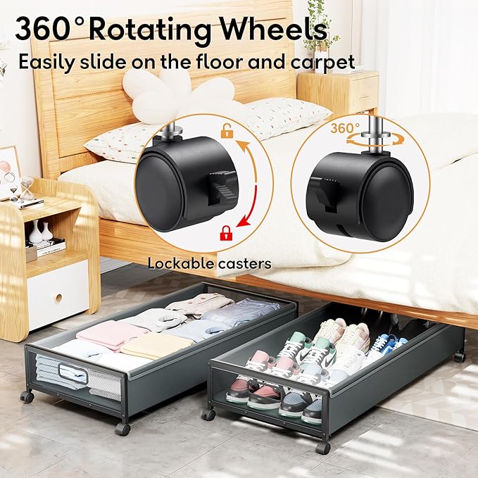 Under Bed Storage Containers with Wheels 2 Pack Underbed Shoe Storage Bedroom Storage Bins Organizer Large Capacity Under Bed