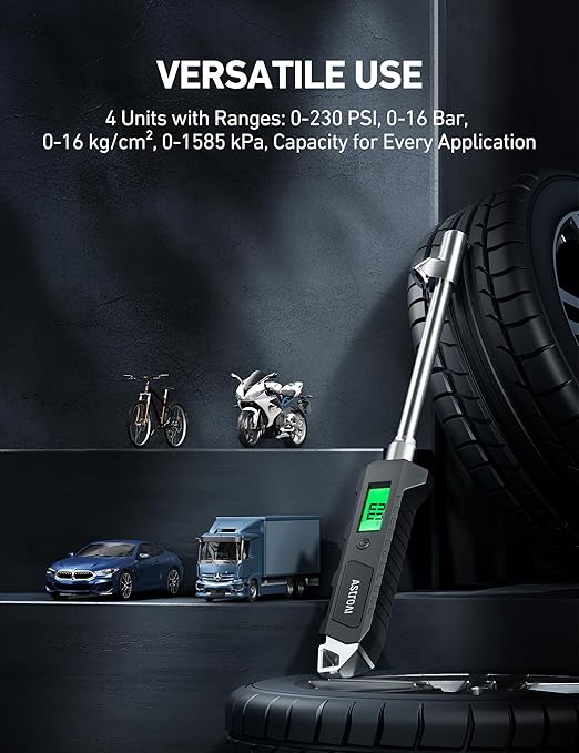 AstroAI Heavy Duty Digital Tire Pressure Gauge 0-230 PSI Calibrated to ANSI B40.7 Grade 2A (0.5%) with Backlit LCD & Flashlight, Stainless Steel for Truck RV Car Motorcycle Bike, 2Pack