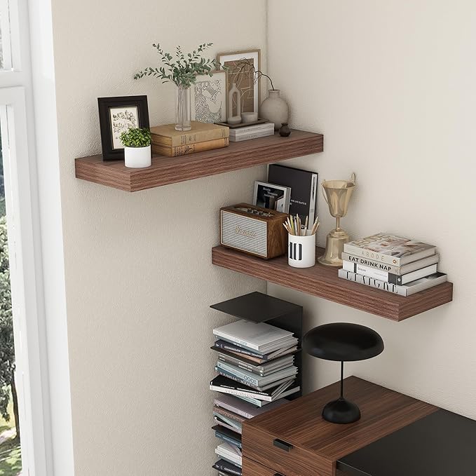 Deep Floating Shelves | 36 Inch Walnut Floating Shelves Set of 2 | 12 Inch Deep Rustic Wood Shelves for Wall | 36" W x 12" D 