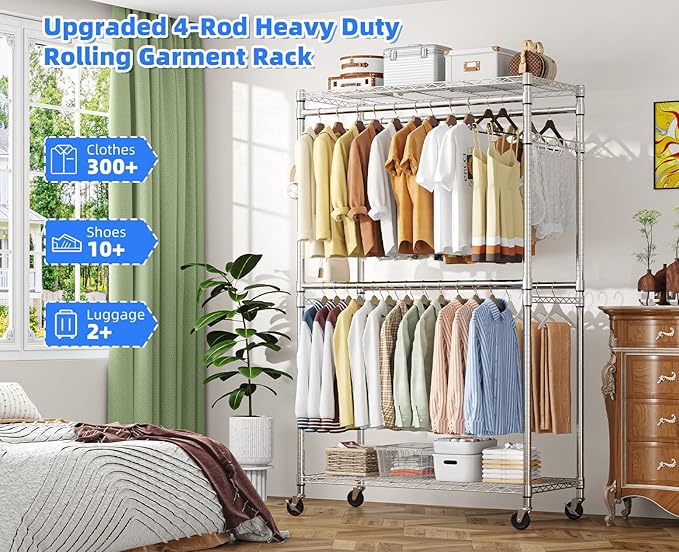 Simple Trending Heavy Duty Clothes Rack Clothing Rack with Wheels and 4 Hanging Rods, Adjustable Rolling Garment Racks, Load 