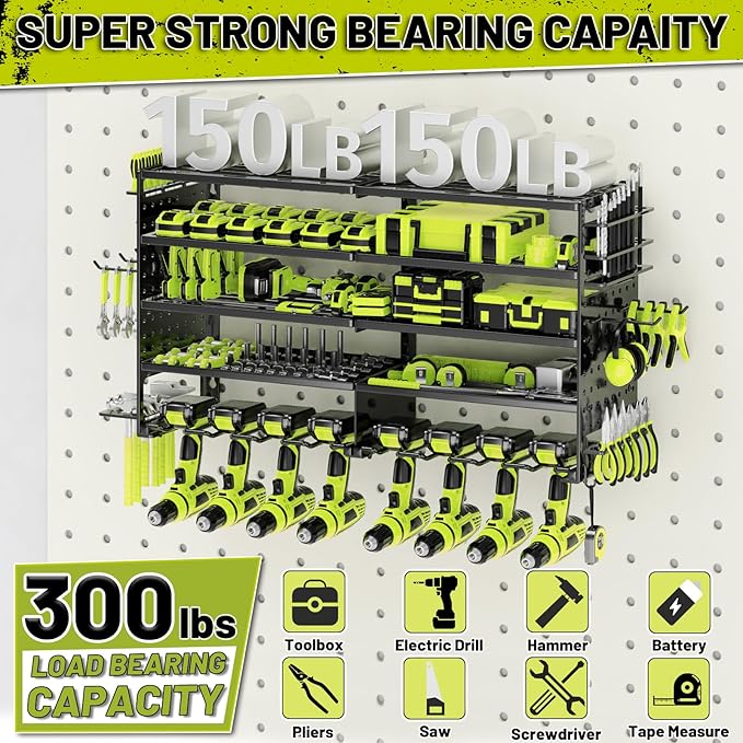 5 Layers Power Tool Organizer Wall Mount, Metal Cordless Tool Hanger Storage Rack Holder with 8 Drill Holders, Heavy Duty Gar
