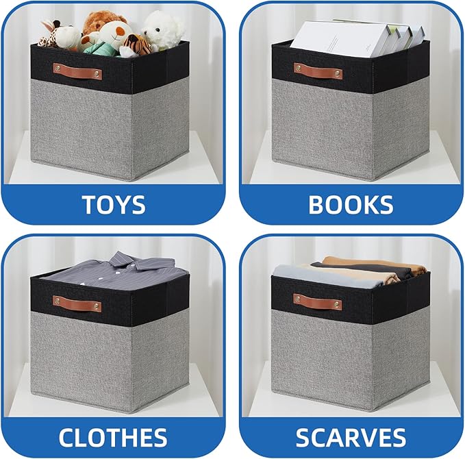 Temary 13 x 13 Storage Cubes Foldable Storage Cubes 4 Pack Canvas Storage Bin for Home, Square Storage Baskets with Leather H