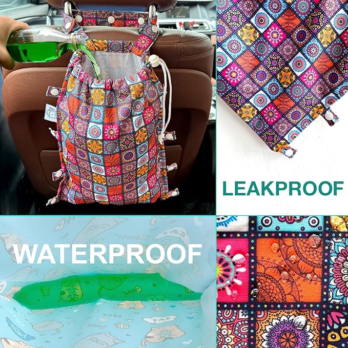 FLOCK THREE Leak-Proof Waterproof Car Trash Bag Foldable Multipurpose Trash bin Container Storage Cute Grocery Organizer Bag for Automotive Front or Back Seat in Cars SUVs and Trucks (Batik)