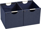 HOONEX Large Foldable Storage Bins, Linen Fabric, Pack of 2, Storage Baskets with Wooden Carry Handles and Sturdy Heavy Cardb