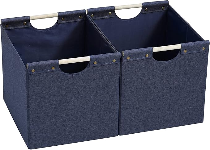 HOONEX Large Foldable Storage Bins, Linen Fabric, Pack of 2, Storage Baskets with Wooden Carry Handles and Sturdy Heavy Cardb