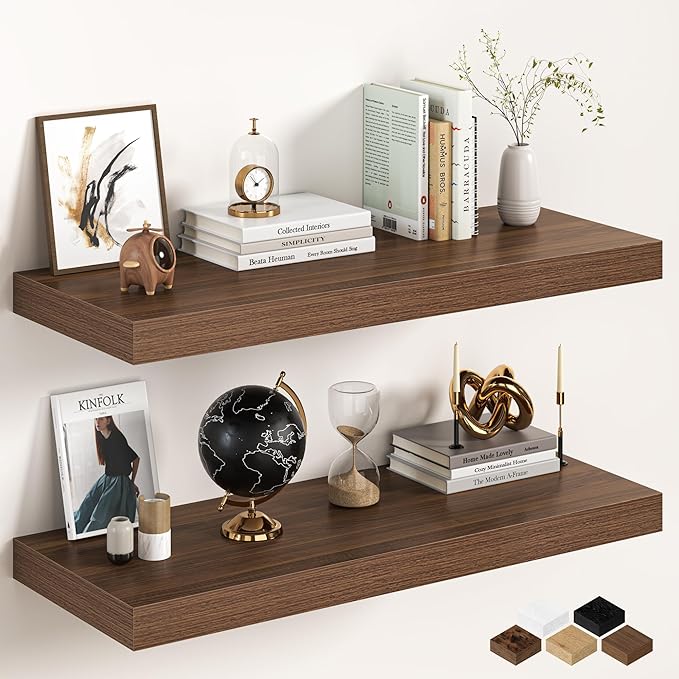 36Inch Walnut Floating Shelves for Wall, 12 Inch Deep Shelves for Bedroom, Kitchen, Bathroom Wall Mounted, Rustic Wood Floati