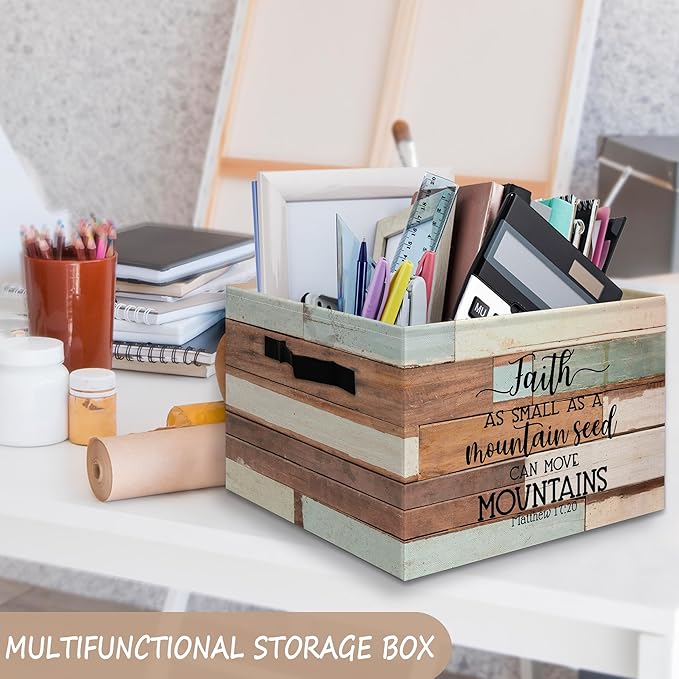 Retro Farmhouse Christian Bible Basket Foldable Storage Bins Box with Handles, Matthew 17:20 Bible Verse Religious Collapsibl