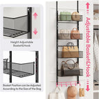 SWTYMIKI Over The Door Purse Organizer - Wall Mounted Purse Rack with 4 Adjustable Metal Basket and 6 Hooks, Hanging Bag Rack