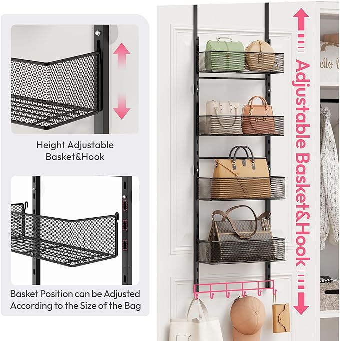 SWTYMIKI Over The Door Purse Organizer - Wall Mounted Purse Rack with 4 Adjustable Metal Basket and 6 Hooks, Hanging Bag Rack