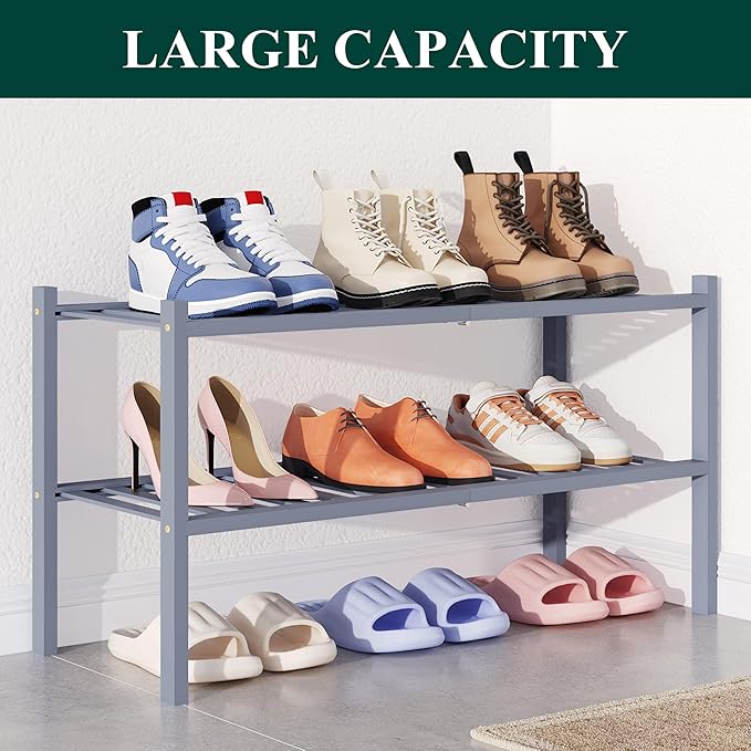 Smiry Bamboo Shoe Rack for Closet, 2 Tier Wooden Stackable Shoe Organizer, Free Standing Shoes Storage Shelf for Entryway, Fr