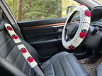 Crochet Ladybug Steering Wheel Cover Universal 14-15 inch (A,Wheel Cover+2 Belt Cover)