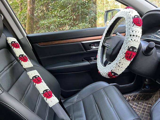 Crochet Ladybug Steering Wheel Cover Universal 14-15 inch (A,Wheel Cover+2 Belt Cover)