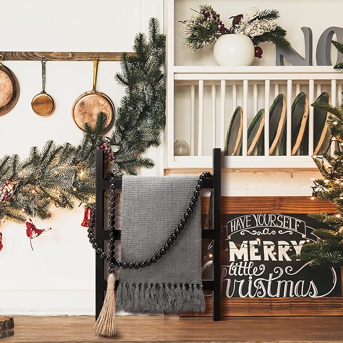 AceOrbit 2 Pcs 14'' Tea Towel Ladder with 3.3 ft Vintage Wood Bead Garland Small Decorative Ladder Hand Towel Stand Mini Blan