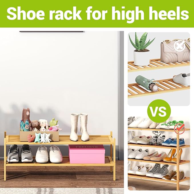 BMOSU 2-Tier Bamboo Extended Shoe Rack Premium Stackable Shoe Shelf Storage Organizer for Hallway Closet Living Room Entryway