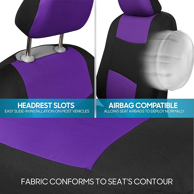 BDK PolyPro Car Seat Covers Full Set in Purple on Black, Front and Rear Split Bench Seat Covers for Cars, Easy to Install Car