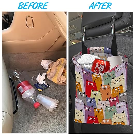Car Trash Bag Cute kitten Cats Car Garbage Bag Hanging Car Trash Can for Back Seat with Drawstring