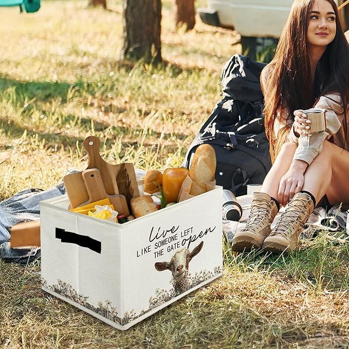Rustic Goat Storage Bins & Boxes with Handles, Farmhouse Goat Foldable Basket for Organizing, Live Like Someone Left the Gate