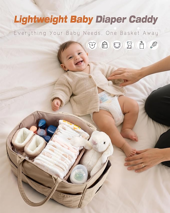 Marscamd Quilted Baby Diaper Caddy with Detachable Dividers and Wipes Pocket, Lightweight Baby Caddy Organizer with Handles a