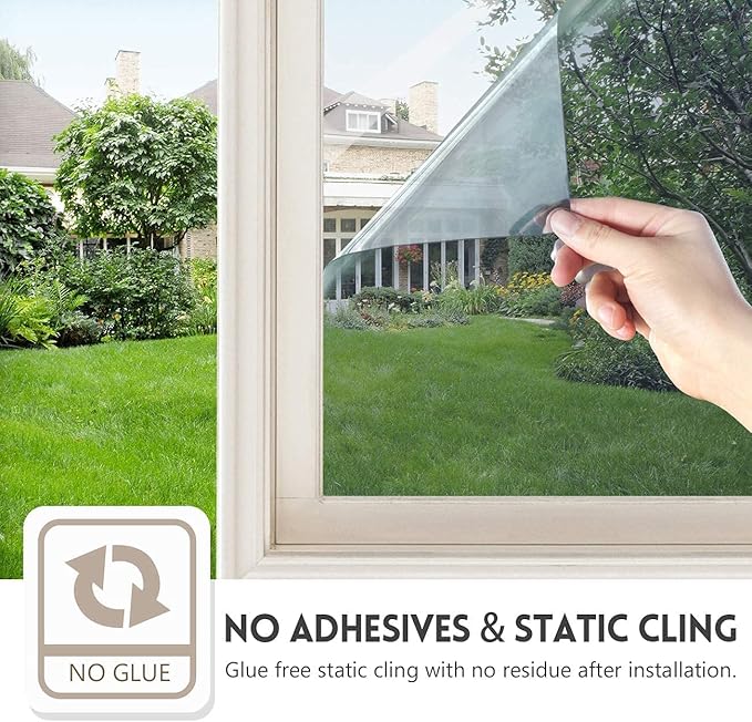 KESPEN Window Film One Way Daytime Privacy Static Cling Heat Control Glass Window Tint Mirror House Film, Silver, 47.2 Inch X 6.5 Feet