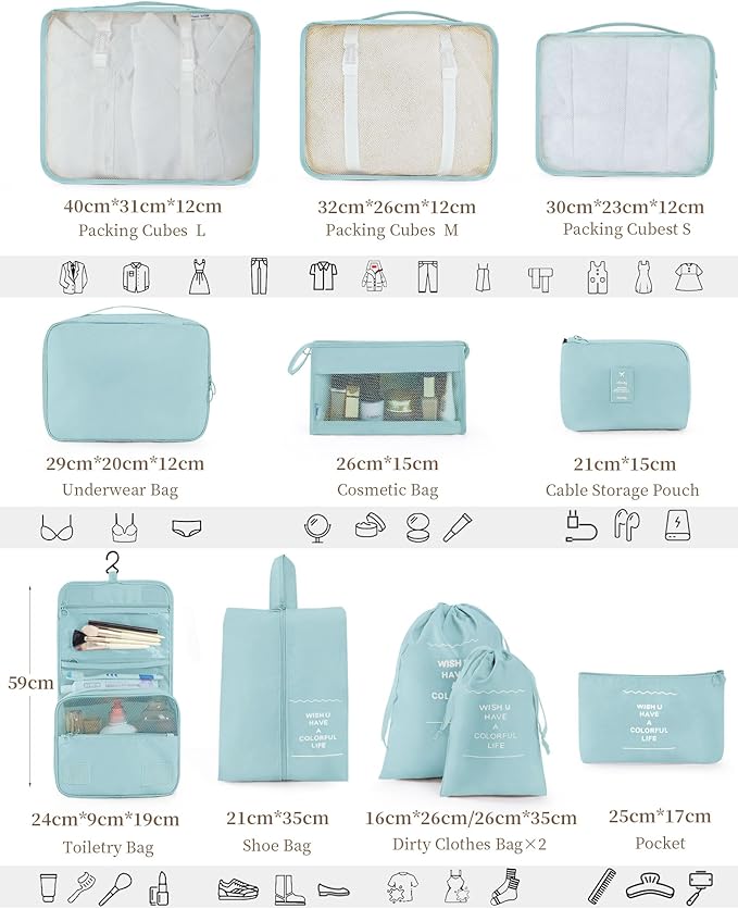 Packing Cubes 11 PCS, Mesh Breathable Luggage Organizers Bags, Packing Organizers, Durable Travel Essentials Bags Set, Travel