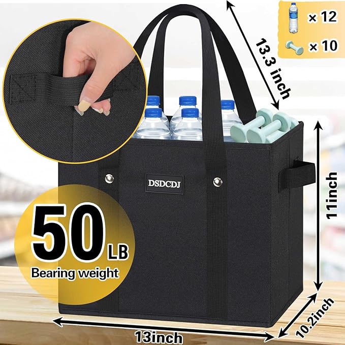 Reusable Grocery Bags 3 Pack - Heavy Duty Reusable Shopping Bags with Hard Bottom & Long Handles, Stand Up Grocery Boxes Reusable Foldable, 13x10.23x11in, Black
