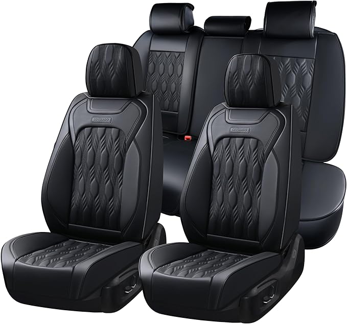 Coverado Car Seat Cover, Black Luxury Seat Cover for Cars, Premium Nappa Leather Seat Covers Full Set with Embossed Pattern, 