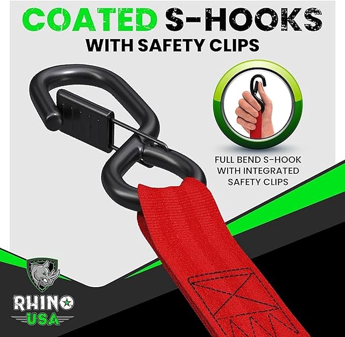 Rhino USA Retractable Ratchet Straps (4-Pack) - 1 Inch x 10 Feet (1,209lb Break Strength) - Auto Self Retracting Tie Down Straps for Truck, Cargo Trailer, Motorcycle, ATV, UTV - Red