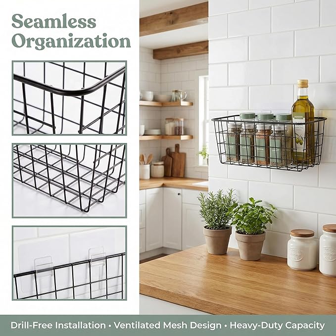 2 Set Adhesive Hanging Wall Basket Inside Cabinet Door Organizer,Wall Storage Basket-No Drilling Adhesive wall Basket for Cup