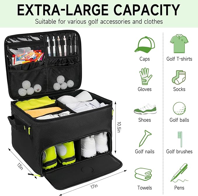 Golf Trunk Organizer, 2 Layers Golf Accessories Bag for Men, Waterproof Car Golf Storage Organizer with Compartment for 2