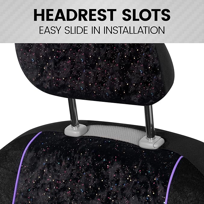 BDK Black Stardust Car Seat Covers for Front Seats, 2 Count.Glitter Pattern Front Seat Cover Set with Matching Headrest, Side