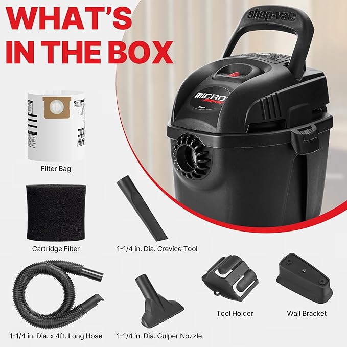 Shop-Vac 2021005 1 Gallon Micro Wet/Dry Vacuum, 1.0 Peak HP, 1.25 Inch Diameter x 4 Foot Hose, 6 Food Cord, Lightweight And P