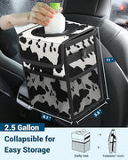 Capolo Car Trash Can with Lid, Leakproof Car Trash Bag Hanging Waterproof Automotive Garbage Can with Storage Pockets Mini Vehicle Trash Bin for Back/Front Seat(Cow Print,2.5 Gallon)