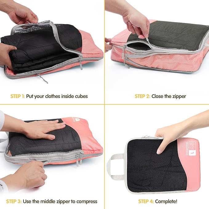 Compression Packing Cubes 8 Set, Dual Zipper Compression Packing Cubes for Travel, See-Through Mesh Packing Bags for Suitcase