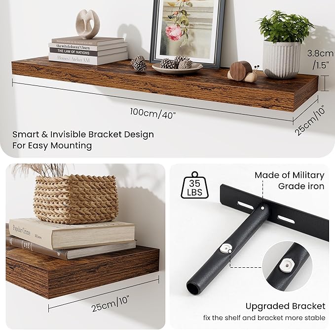 Fun Memories Floating Shelves Set of 2, 40 Inch Long Wooden Wall Shelves, 10 Inch Deep Wall Mounted Storage Shelf with Metal 