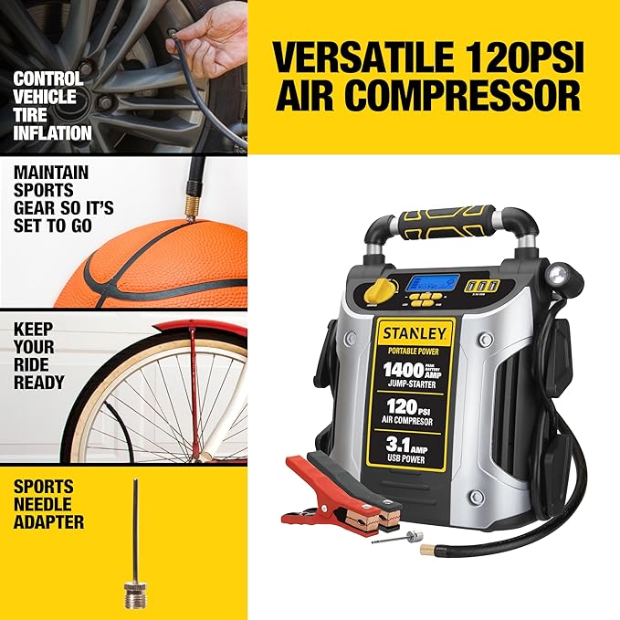 Stanley J7C09D 1400 Peak Amp Automotive Jump Starter, Portable Power - Triple 15W USB Ports, 120 PSI Air Compressor for
