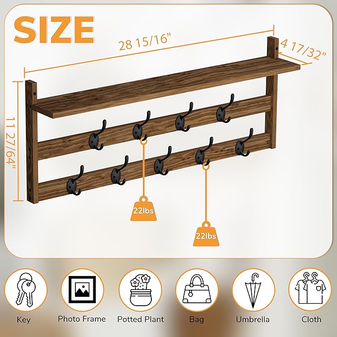AMBIRD Coat Rack Wall Mount with Shelf, 29" Coat Hooks Wall Mounted with 9 Metal Hooks for Entryway, Bathroom, Bedroom, Livin